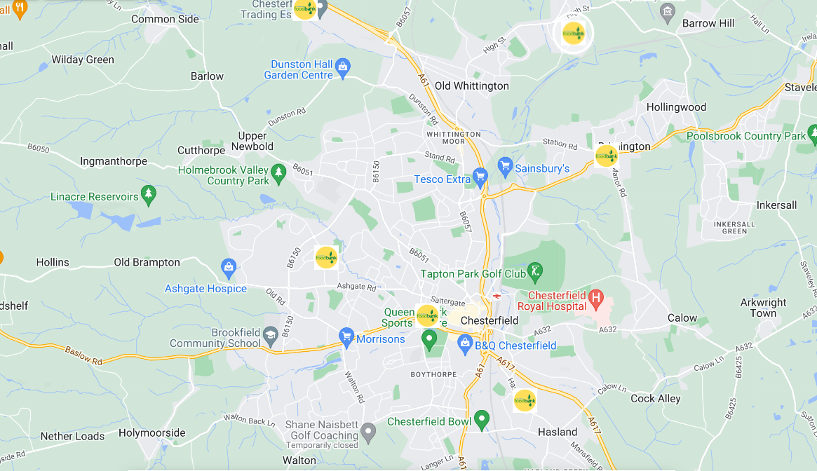 map of foodbanks in Chesterfield